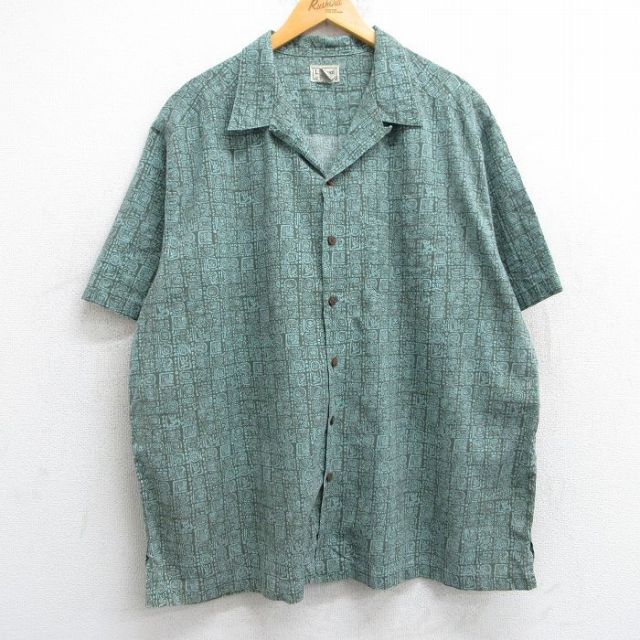 XL★古着 エルエルビーン LLBEAN 半袖 ハワイアン シャツ メンズ 00年代 00s 総柄 大きいサイズ コットン 開襟 オープンカラー 濃緑他 グリーン 【spe】 25jun09 中古 アロハ トップス