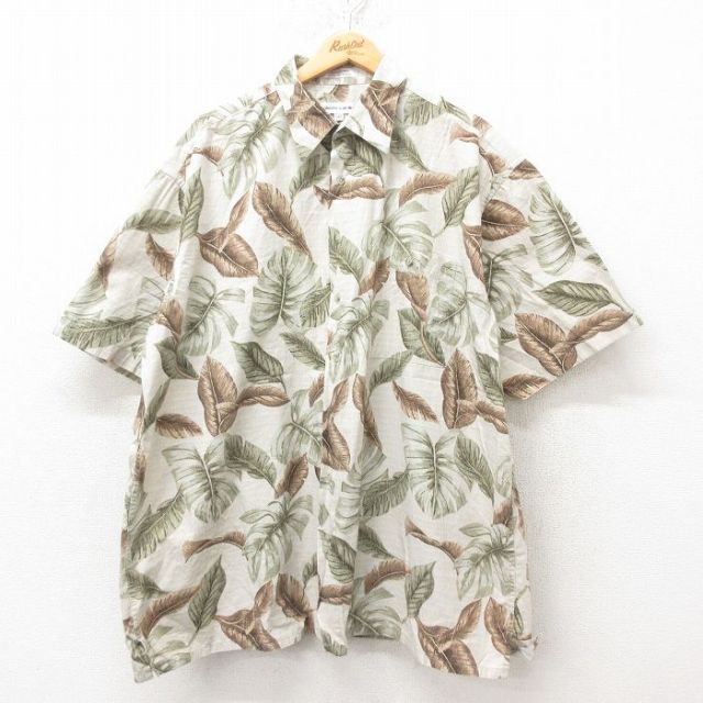 【50%OFF】XL★古着 ピエールカルダン pierre cardin 半袖 ブランド ハワイアン シャツ メンズ 90年代 90s 葉 大きいサイズ コットン 薄ベージュ カーキ 25jun10 中古 アロハ トップス