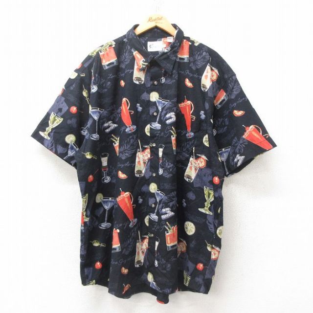 【50%OFF】XL★古着 半袖 ハワイアン シャツ メンズ カクテル 大きいサイズ ロング丈 黒 ブラック 25jun10 中古 アロハ トップス