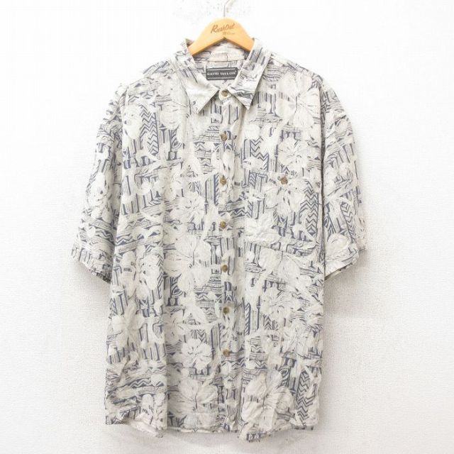 XL★古着 半袖 ハワイアン シャツ メンズ 90年代 90s 花柄 大きいサイズ シルク 薄ベージュ カーキ 25jun10 中古 アロハ トップス
