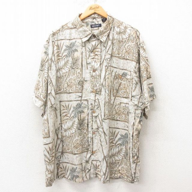 XL★古着 ピューリタン 半袖 ハワイアン シャツ メンズ 00年代 00s 葉 ヤシの木 レーヨン 薄ベージュ カーキ 25jun10 中古 アロハ トップス