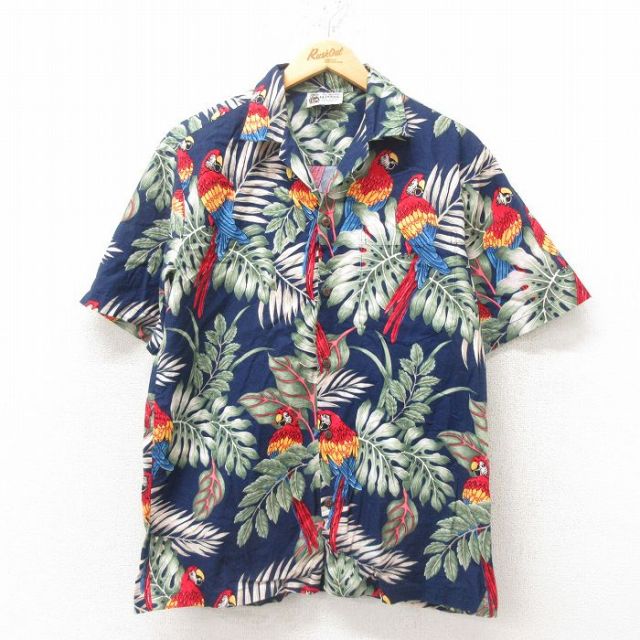 M★古着 半袖 ハワイアン シャツ メンズ 90年代 90s 鳥 コットン 開襟 オープンカラー ハワイ製 紺 ネイビー 25jun10 中古 アロハ トップス