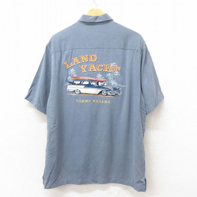 L★古着 半袖 ハワイアン シャツ メンズ 車 刺繍 シルク グレー 【spe】 25jun10 中古 アロハ トップス