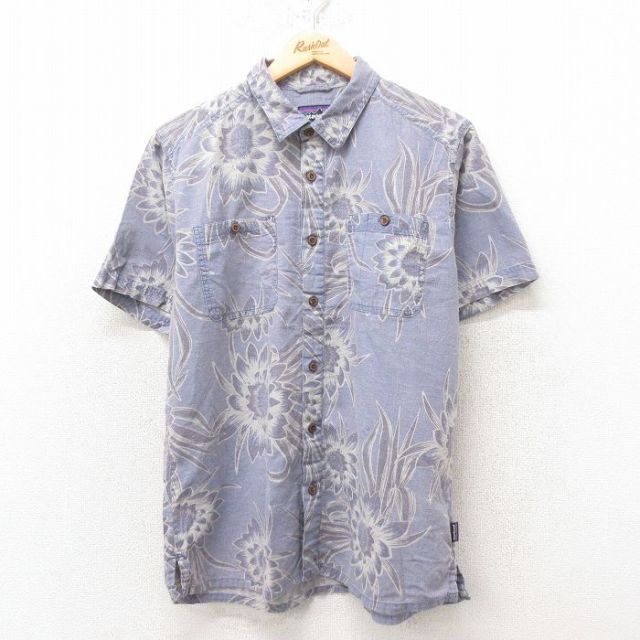 M★古着 パタゴニア patagonia 半袖 ハワイアン シャツ メンズ 花柄 ヘンプ 薄紫 パープル 25jun10 中古 アロハ トップス