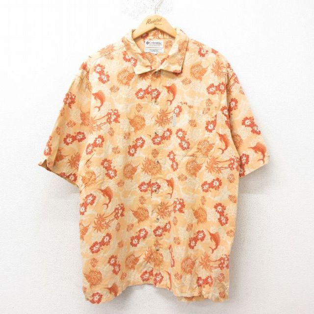 【50%OFF】XL★古着 コロンビア COLUMBIA 半袖 ハワイアン シャツ メンズ 00年代 00s カジキ ヤシの木 リネン オレンジ 25jun10 中古 アロハ トップス
