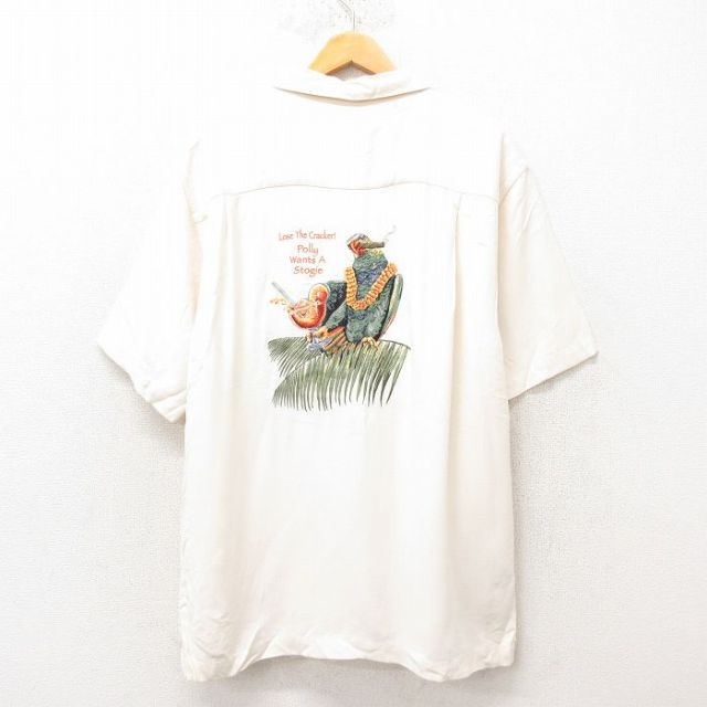 L★古着 半袖 ハワイアン シャツ メンズ 鳥 刺繍 シルク 開襟 オープンカラー 生成り 25jun10 中古 アロハ トップス