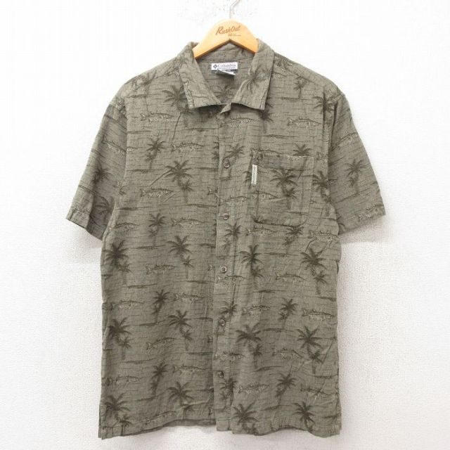 L★古着 コロンビア COLUMBIA 半袖 ハワイアン シャツ メンズ 00年代 00s 魚 ヤシの木 緑 グリーン 25jun10 中古 アロハ トップス