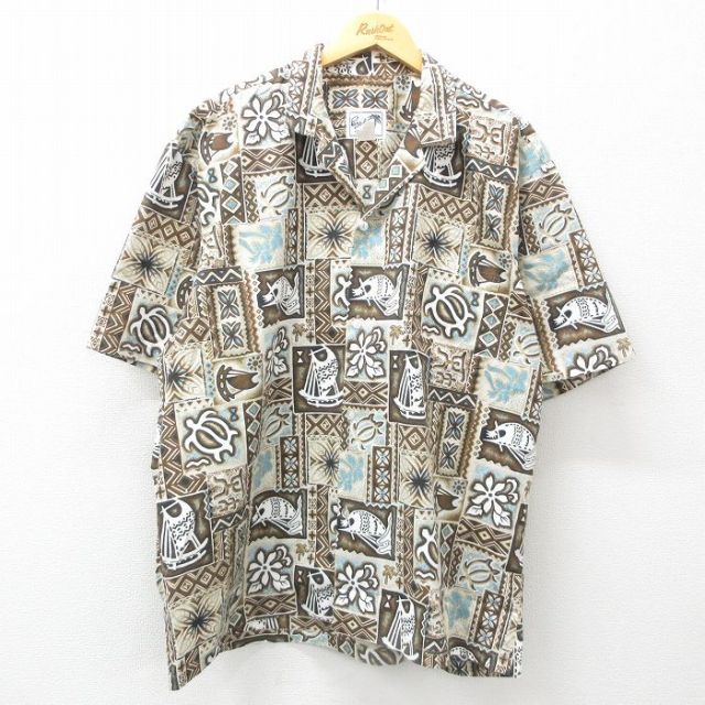 XL★古着 半袖 ハワイアン シャツ メンズ 90年代 90s カメ 船 花 総柄 大きいサイズ 開襟 オープンカラー ハワイ製 茶他 ブラウン 25jun10 中古 アロハ トップス