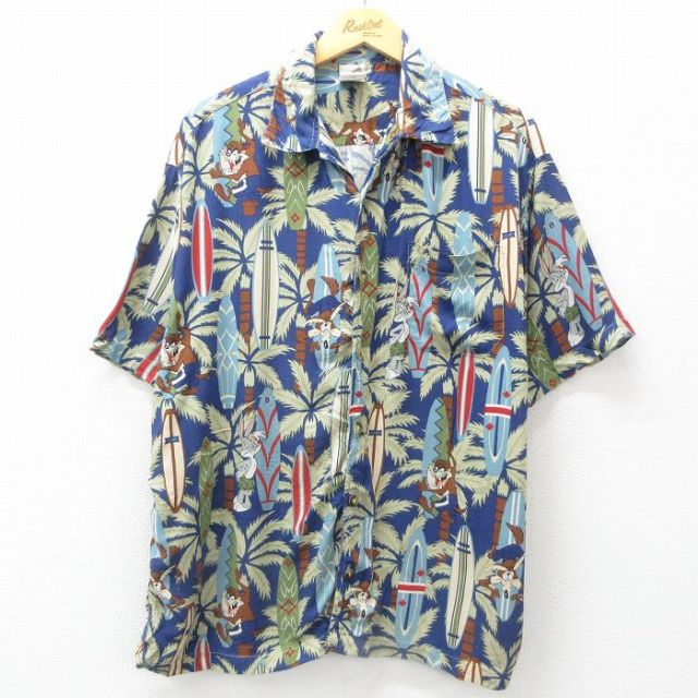 XL★古着 半袖 ハワイアン シャツ メンズ 90年代 90s ルーニーテューンズ LOONEY TUNES ワイリーコヨーテ ヤシの木 サーフボード 総柄 レーヨン 開襟 オープンカラー 紺 ネイビー 【spe】 25jun10 中古 アロハ トップス