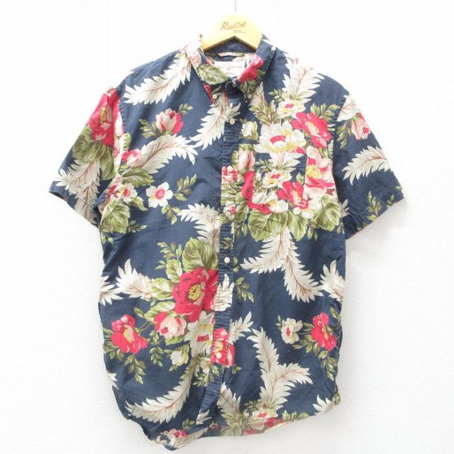 L★古着 ラルフローレン Ralph Lauren デニムアンドサプライ 半袖 ブランド ハワイアン シャツ メンズ 花 総柄 コットン ボタンダウン 紺 ネイビー 25jun10 中古 アロハ トップス