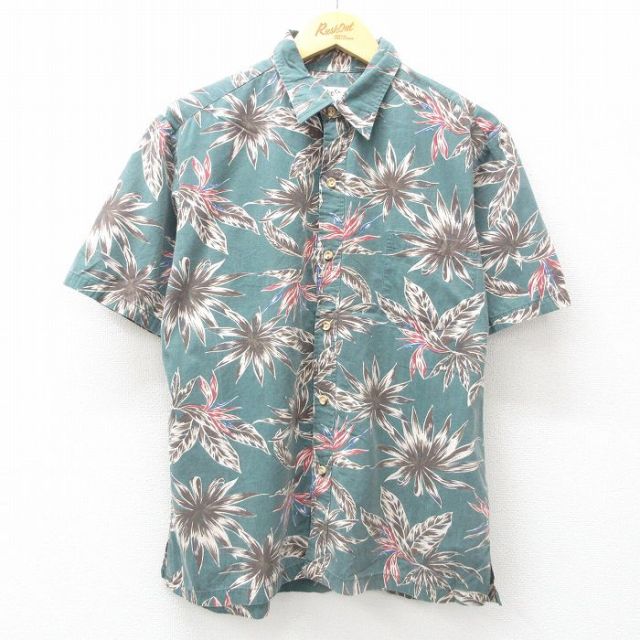 L★古着 半袖 ハワイアン シャツ メンズ 90年代 90s 葉 総柄 コットン USA製 緑 グリーン 25jun10 中古 アロハ トップス