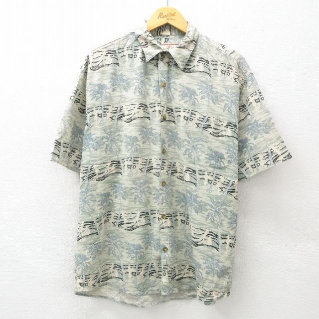 【50%OFF】XL★古着 半袖 ハワイアン シャツ メンズ ヤシの木 総柄 シルク グレー系 25jun10 中古 アロハ トップス