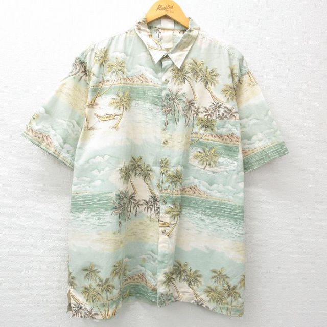 【50%OFF】XL★古着 半袖 ハワイアン シャツ メンズ 90年代 90s ヤシの木 海 大きいサイズ 薄緑系 グリーン 25jun10 中古 アロハ トップス