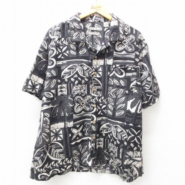 XL★古着 半袖 ハワイアン シャツ メンズ 葉 ヤシの木 総柄 大きいサイズ シルク 開襟 オープンカラー 黒 ブラック 25jun10 中古 アロハ トップス