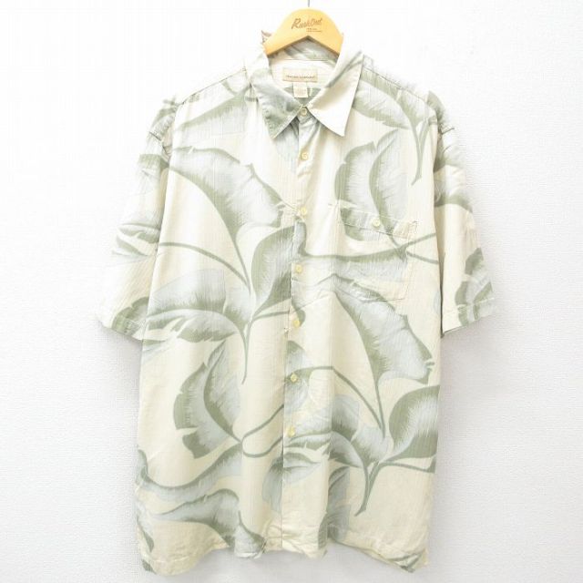 XL★古着 半袖 ハワイアン シャツ メンズ 葉 総柄 大きいサイズ ロング丈 シルク 薄ベージュ カーキ 25jun10 中古 アロハ トップス