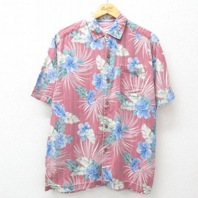 L★古着 半袖 ハワイアン シャツ メンズ ハイビスカス 総柄 シルク エンジ 25jun10 中古 アロハ トップス