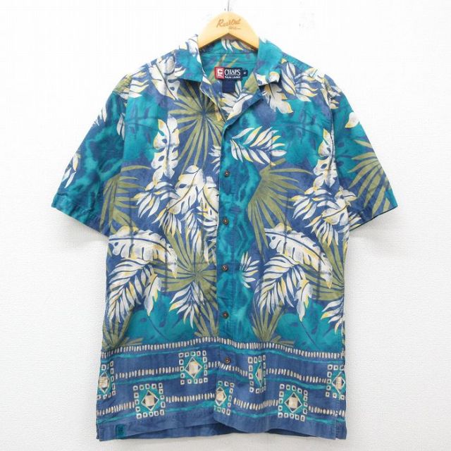 L★古着 ラルフローレン Ralph Lauren チャップス 半袖 ブランド ハワイアン シャツ メンズ 90年代 90s 葉 コットン 開襟 オープンカラー 紺他 ネイビー 【spe】 25jun10 中古 アロハ トップス