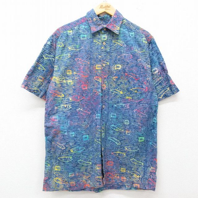 M★古着 半袖 ハワイアン シャツ メンズ 90年代 90s 魚 総柄 コットン 紺他 ネイビー 25jun10 中古 アロハ トップス