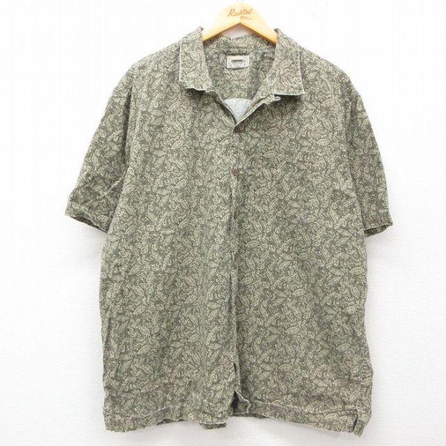 XL★古着 エルエルビーン LLBEAN 半袖 ハワイアン シャツ メンズ 00年代 00s 葉 総柄 大きいサイズ コットン 開襟 オープンカラー 濃緑他 グリーン 25jun10 中古 アロハ トップス