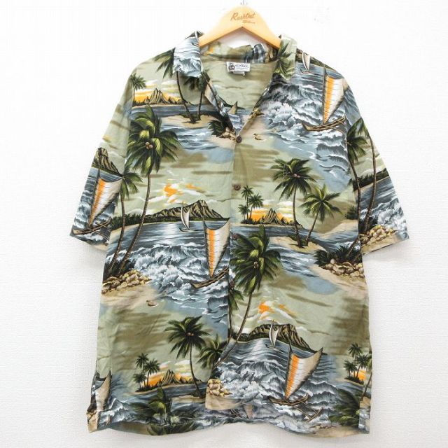 【50%OFF】XL★古着 半袖 ハワイアン シャツ メンズ 90年代 90s ヤシの木 ヨット 海 大きいサイズ コットン 開襟 オープンカラー USA製 薄緑他 グリーン 25jun10 中古 アロハ トップス