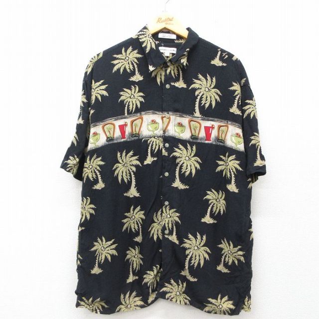 XL★古着 ピエールカルダン pierre cardin 半袖 ハワイアン シャツ メンズ 90年代 90s ヤシの木 カクテル レーヨン 黒他 ブラック 25jun10 中古 アロハ トップス