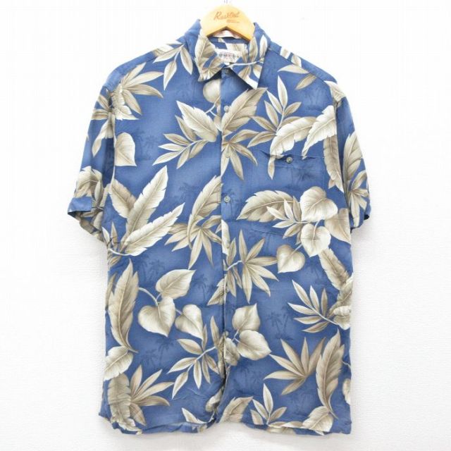 M★古着 半袖 ハワイアン シャツ メンズ 00年代 00s 葉 総柄 レーヨン 紺他 ネイビー 25jun10 中古 アロハ トップス