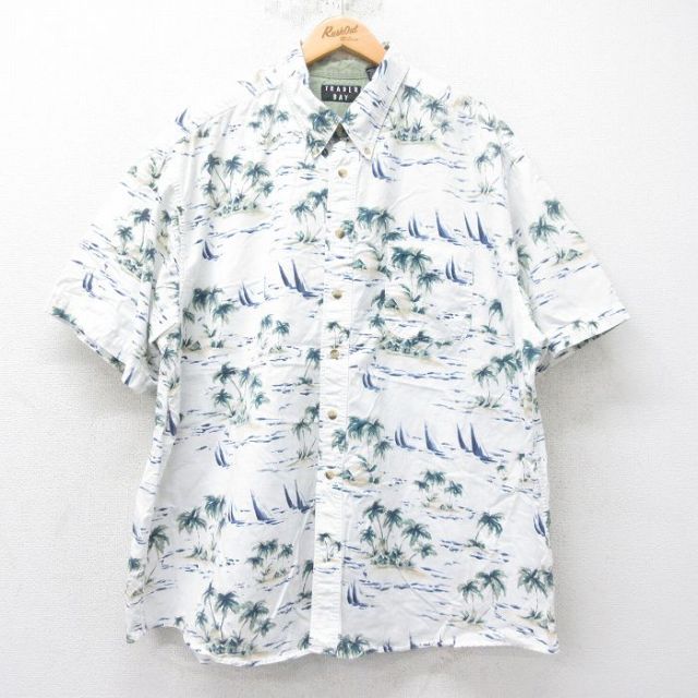 XL★古着 半袖 ハワイアン シャツ メンズ 00年代 00s ヤシの木 大きいサイズ コットン ボタンダウン 白他 ホワイト 25jun19 中古 アロハ トップス