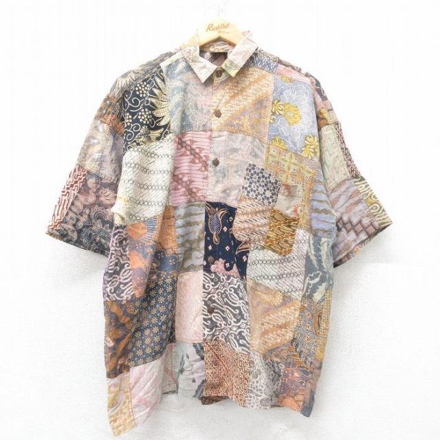 XL★古着 半袖 ハワイアン シャツ メンズ 00年代 00s パッチワーク 総柄 コットン 茶他 ブラウン 【spe】 25jun19 中古 アロハ トップス