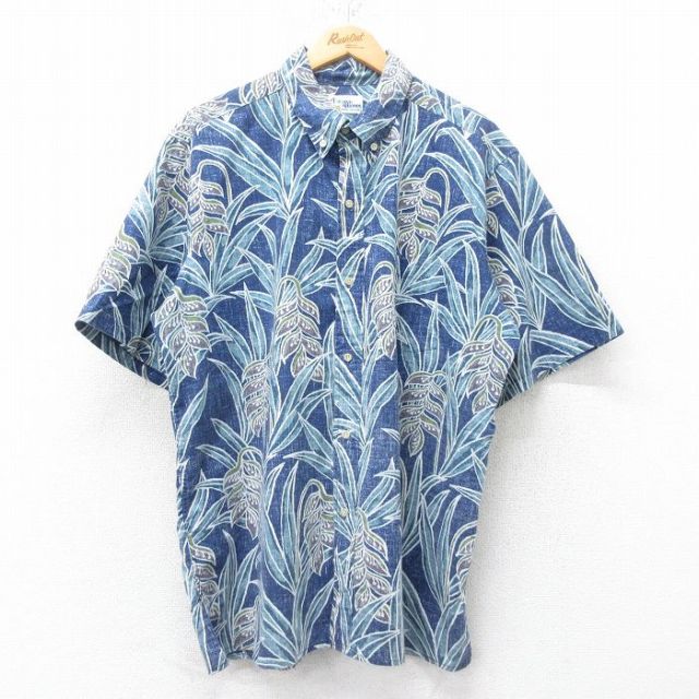 XL★古着 レインスプーナー REYN SPOONER 半袖 ハワイアン シャツ メンズ 90年代 90s 花 大きいサイズ ボタンダウン 紺他 ネイビー 【spe】 25jun19 中古 アロハ トップス
