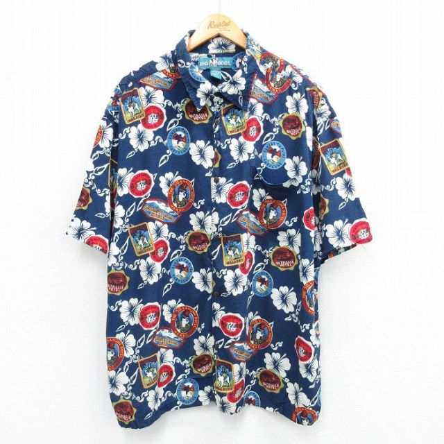 XL★古着 ビッグドッグス 半袖 ハワイアン シャツ メンズ 00年代 00s ハイビスカス 犬 総柄 大きいサイズ レーヨン 紺他 ネイビー 【spe】 25jun21 中古 アロハ トップス