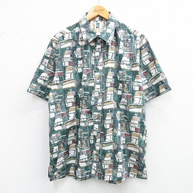 XL★古着 カハラ 半袖 ハワイアン シャツ メンズ 00年代 00s 船 総柄 手織り コットン ハワイ製 緑他 グリーン 【spe】 25jun21 中古 アロハ トップス