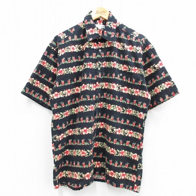 【50%OFF】L★古着 ピエールカルダン pierre cardin 半袖 ハワイアン シャツ メンズ 90年代 90s ハイビスカス ジュース コットン 黒他 ブラック 25jun21 中古 アロハ トップス