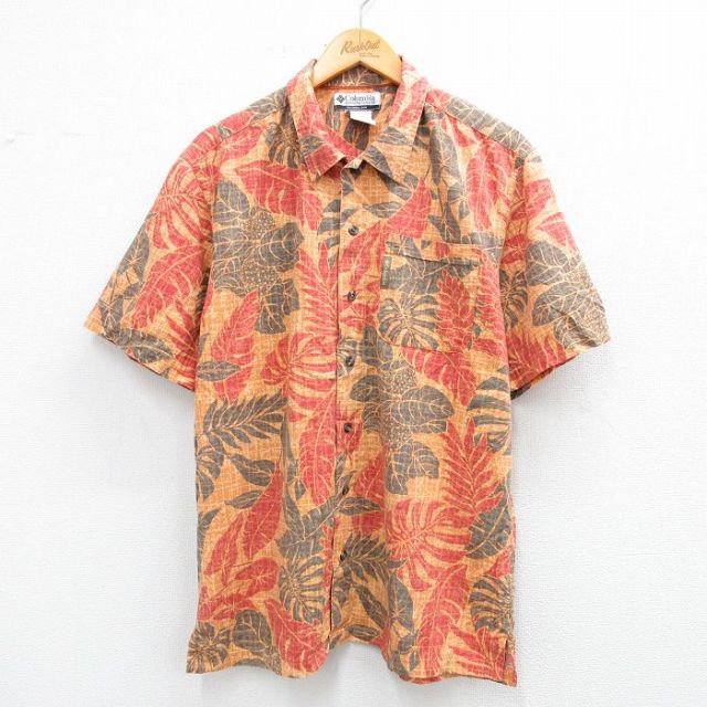 L★古着 コロンビア COLUMBIA 半袖 ハワイアン シャツ メンズ 00年代 00s 葉 総柄 オレンジ他 25jun21 中古 アロハ トップス