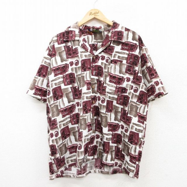 XL★古着 半袖 ハワイアン シャツ メンズ 00年代 00s 総柄 大きいサイズ 開襟 オープンカラー エンジ他 25jun24 中古 アロハ トップス