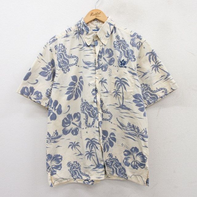 XL★古着 レインスプーナー REYN SPOONER 半袖 ハワイアン シャツ メンズ サーフィン ハイビスカス ギター 総柄 大きいサイズ コットン ボタンダウン ハワイ製 生成り他 25jun24 中古 アロハ トップス
