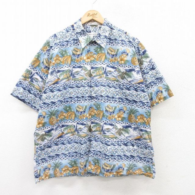 【50%OFF】XL★古着 ピエールカルダン pierre cardin 半袖 ブランド ハワイアン シャツ メンズ 90年代 90s ハイビスカス フルーツ 大きいサイズ コットン 薄紺他 ネイビー 25jun24 中古 アロハ トップス