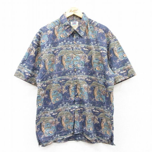 XL★古着 カハラ 半袖 ハワイアン シャツ メンズ 00年代 00s 魚 カニ 総柄 手織り コットン ハワイ製 紺他 ネイビー 25jun24 中古 アロハ トップス