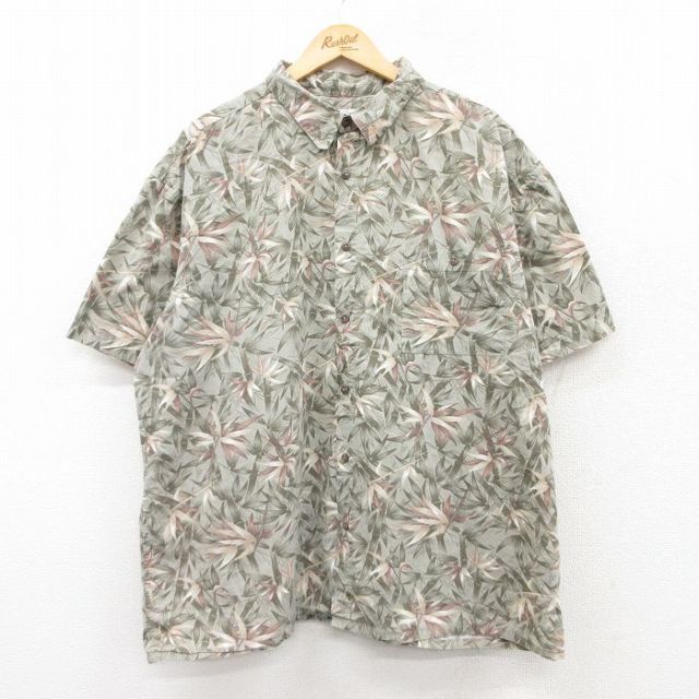 XL★古着 半袖 ハワイアン シャツ メンズ ヤシの木 総柄 大きいサイズ コットン 薄緑 グリーン 25jun24 中古 アロハ トップス