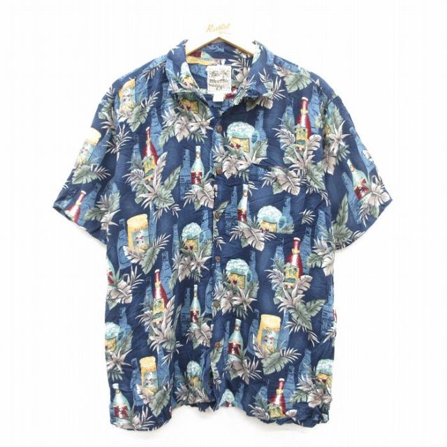 L★古着 STEVE&BARRYS 半袖 ハワイアン シャツ メンズ ビール レーヨン 開襟 オープンカラー 紺他 ネイビー 25jun24 中古 アロハ トップス