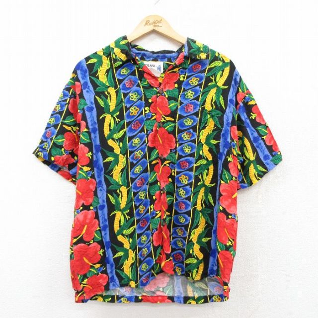 【50%OFF】L★古着 半袖 ハワイアン シャツ メンズ 90年代 90s ハイビスカス レーヨン 開襟 オープンカラー ハワイ製 黒他 ブラック 【spe】 25jun24 中古 アロハ トップス