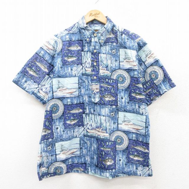 L★古着 半袖 ハワイアン シャツ メンズ 90年代 90s 魚 方位磁石 船 ボタンダウン ハワイ製 紺他 ネイビー 25jun24 中古 アロハ トップス