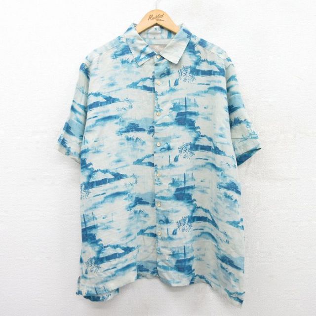 XL★古着 半袖 ハワイアン シャツ メンズ ヤシの木 方位磁石 灯台 シルク 青緑系他 25jun24 中古 アロハ トップス