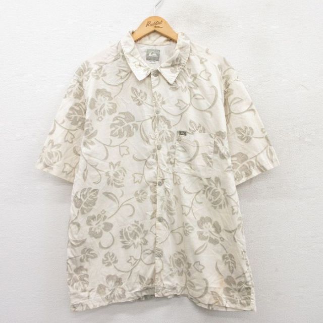 XL★古着 クイックシルバー QUIKSILVER 半袖 ハワイアン シャツ メンズ ハイビスカス コットン 薄ベージュ他 カーキ 25jun24 中古 アロハ トップス