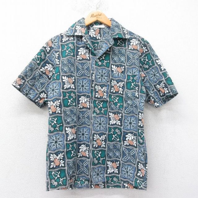 M★古着 半袖 ハワイアン シャツ メンズ 90年代 90s 開襟 オープンカラー ハワイ製 緑他 グリーン 25jun26 中古 アロハ トップス