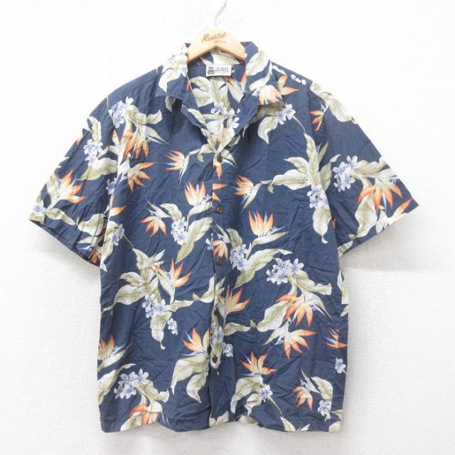 L★古着 半袖 ハワイアン シャツ メンズ 90年代 90s 花 コットン 開襟 オープンカラー ハワイ製 紺他 ネイビー 25jun26 中古 アロハ トップス