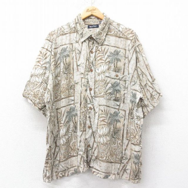 【20%OFF】XL★古着 ピューリタン 半袖 ハワイアン シャツ メンズ 00年代 00s 竹 大きいサイズ レーヨン ベージュ他 カーキ 25jun26 中古 アロハ トップス