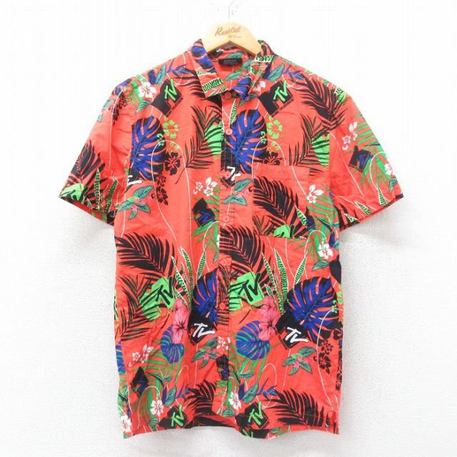 M★古着 半袖 ハワイアン シャツ メンズ MTV ハイビスカス コットン オレンジ他 25jun26 中古 アロハ トップス