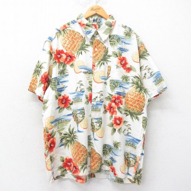 XL★古着 ラルフローレン Ralph Lauren チャップス 半袖 ブランド ハワイアン シャツ メンズ 90年代 90s ハイビスカス パイナップル 大きいサイズ 白系他 ホワイト 【spe】 25jun26 中古 アロハ トップス