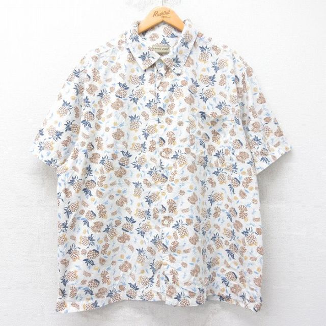 XL★古着 半袖 ハワイアン シャツ メンズ パイナップル 大きいサイズ コットン 白他 ホワイト 25jun26 中古 アロハ トップス