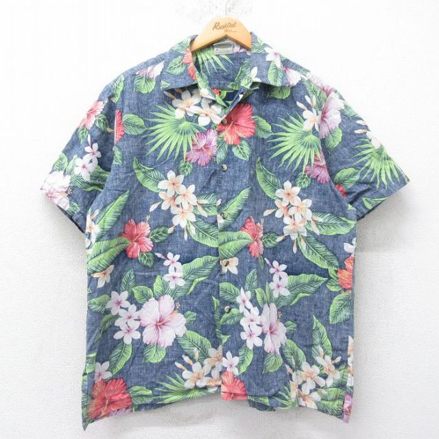 XL★古着 半袖 ハワイアン シャツ メンズ 90年代 90s ハイビスカス 開襟 オープンカラー USA製 紺他 ネイビー 25jun26 中古 アロハ トップス